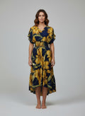 Mlle Gabrielle Floral V-Neck Midi Dress in Navy and Yellow
