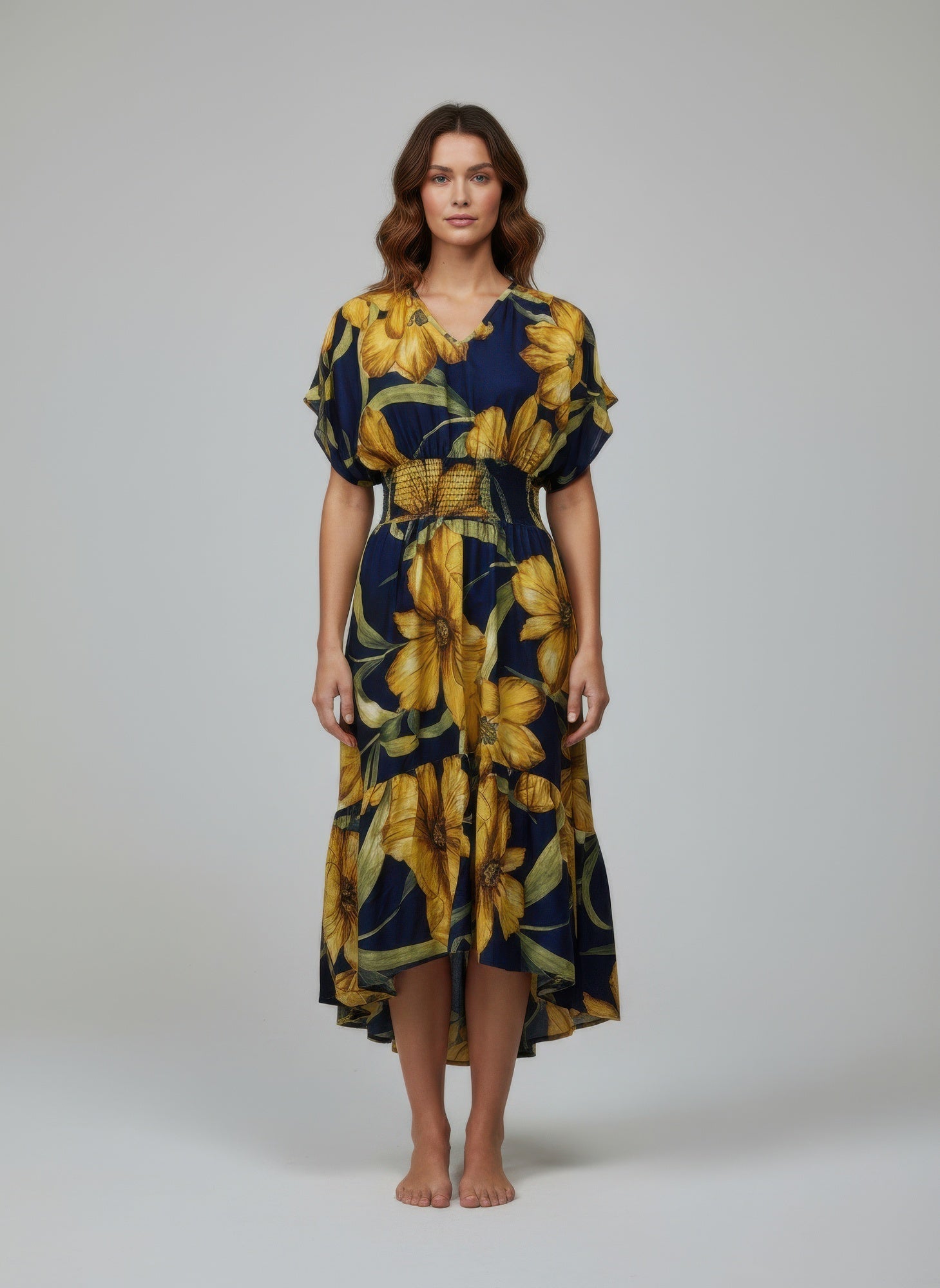 Mlle Gabrielle Floral V-Neck Midi Dress in Navy and Yellow