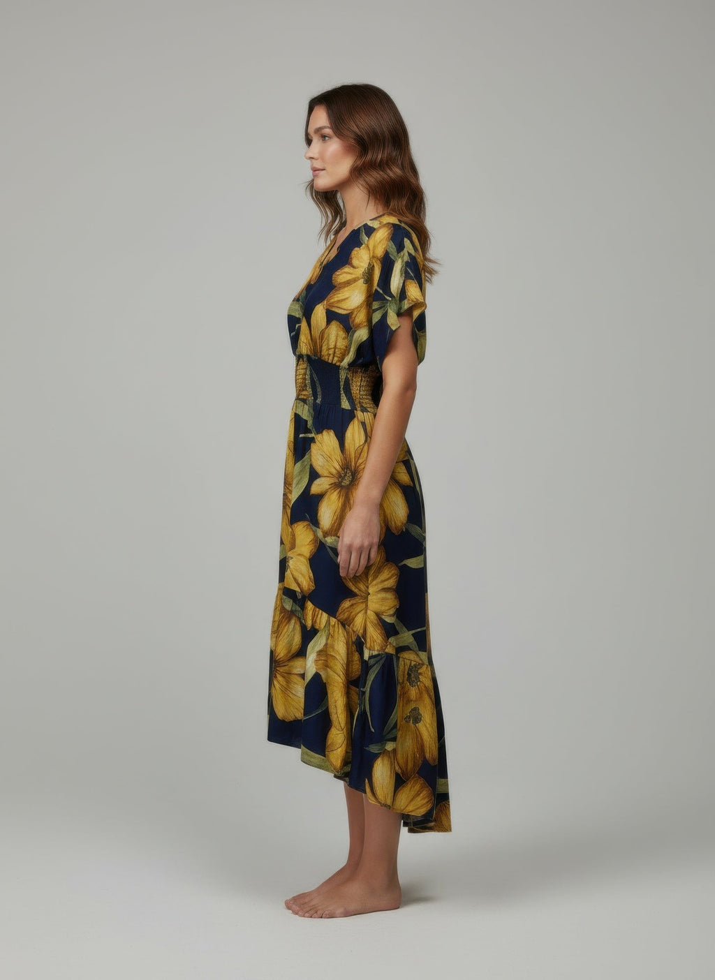 Mlle Gabrielle Floral V-Neck Midi Dress in Navy and Yellow