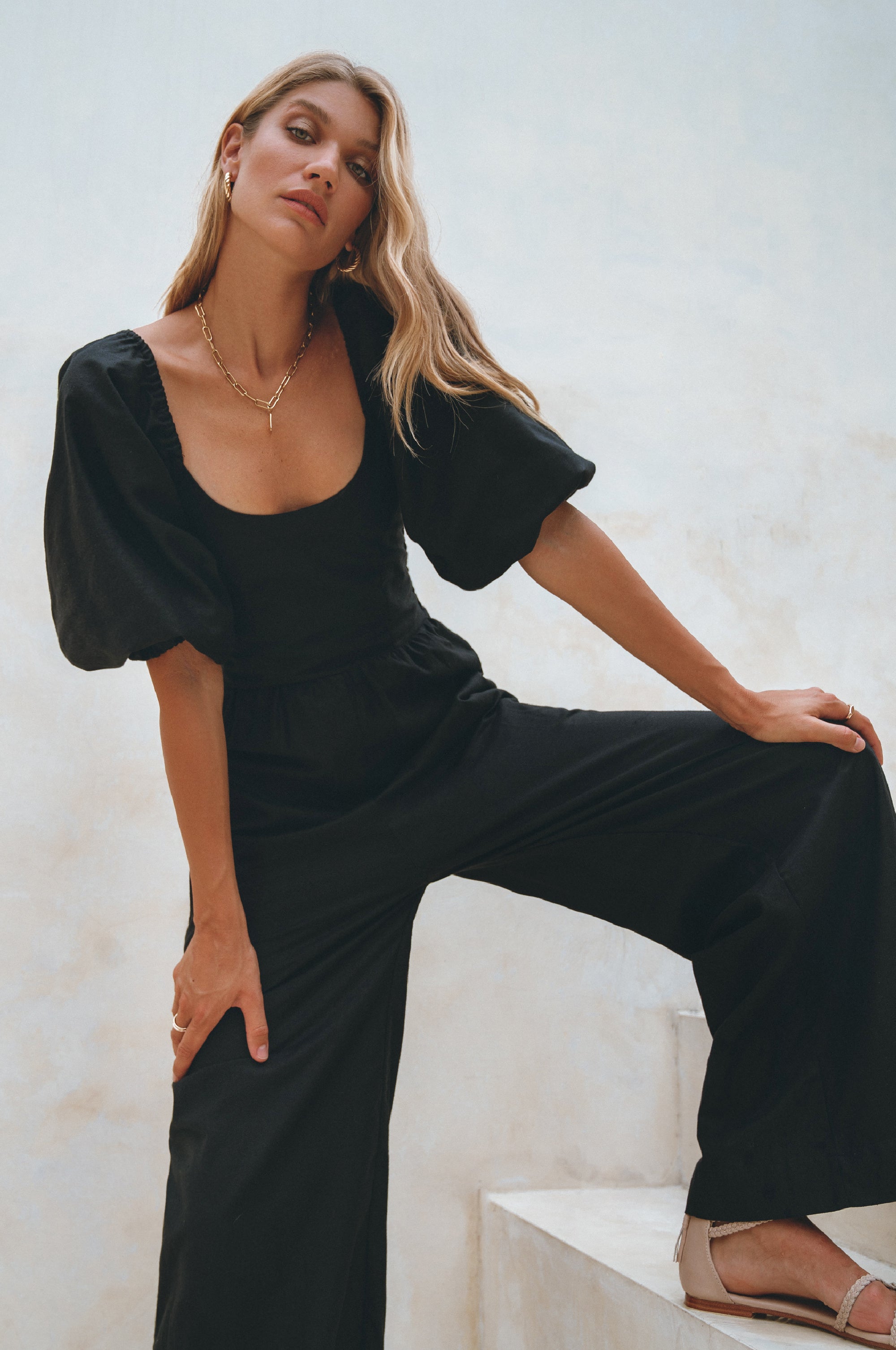 Women's Organic Linen Jumpsuit - Smocked Back
