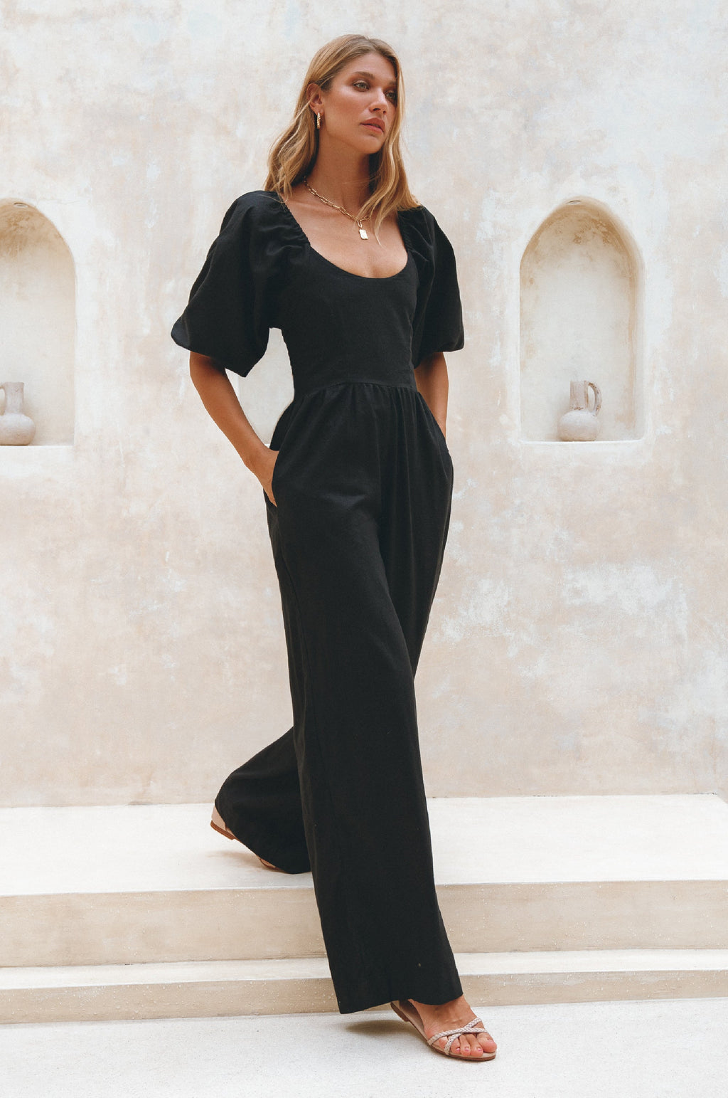 Women's Organic Linen Jumpsuit - Smocked Back