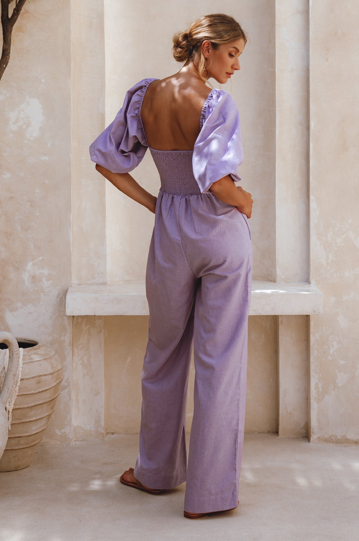 Women's Organic Linen Jumpsuit - Smocked Back