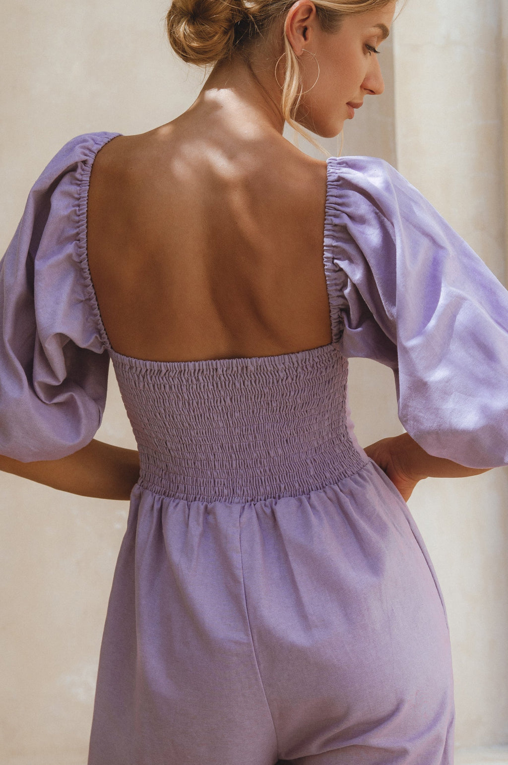 Women's Organic Linen Jumpsuit - Smocked Back