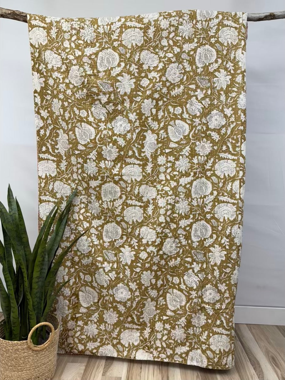 Yellow Heritage Blooms Hand Block Print Cotton Kantha Quilt