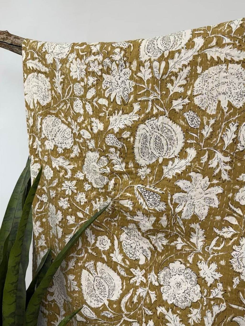 Yellow Heritage Blooms Hand Block Print Cotton Kantha Quilt