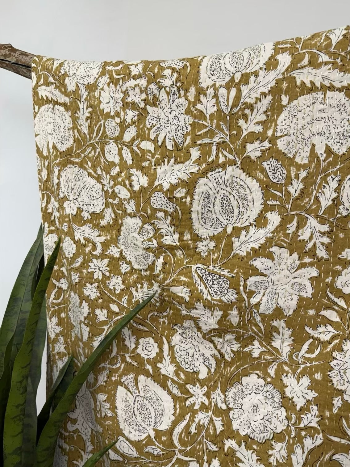 Yellow Heritage Blooms Hand Block Print Cotton Kantha Quilt