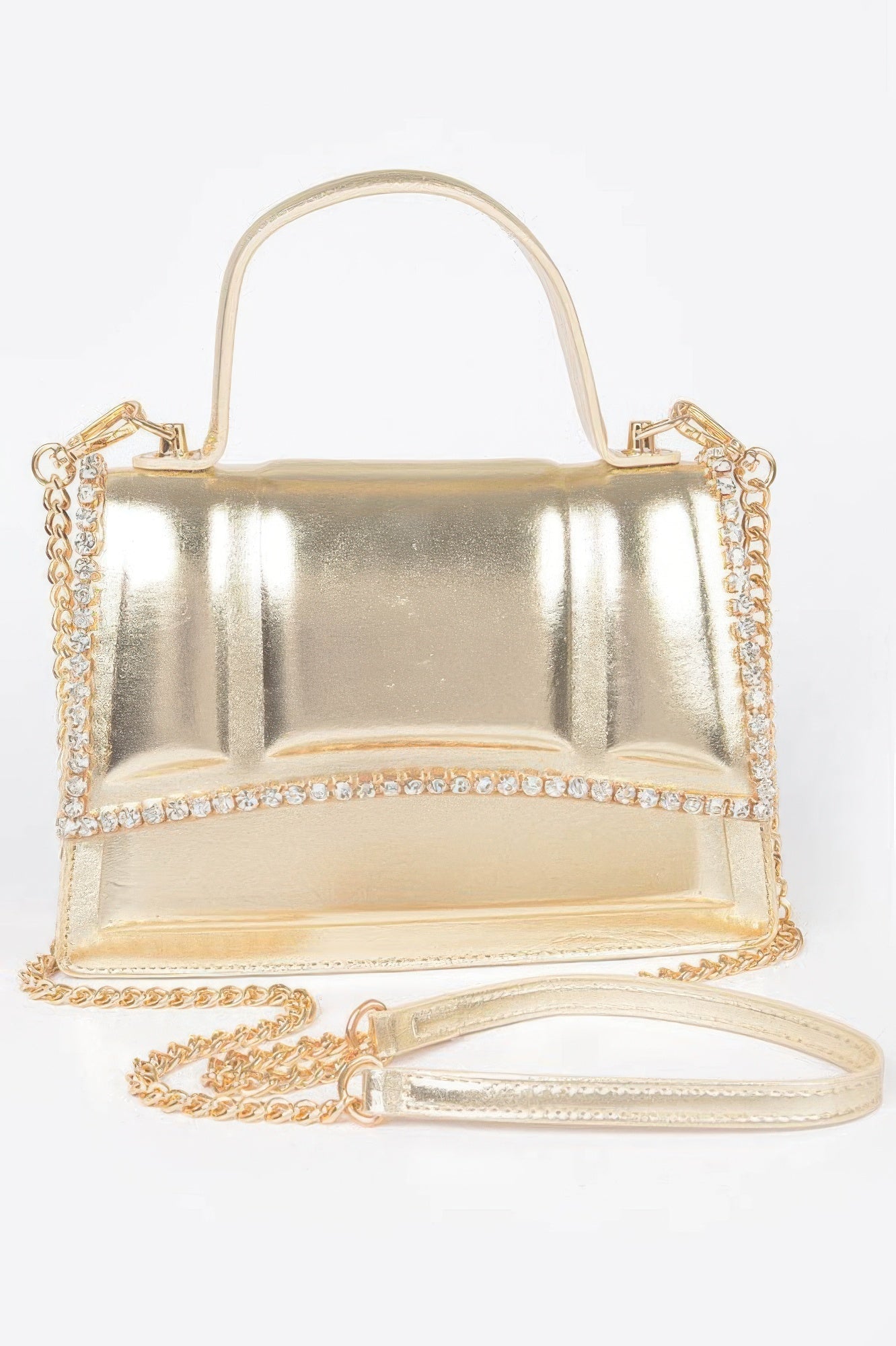 Faux Metallic Leather Top Handle Bag/w Stones