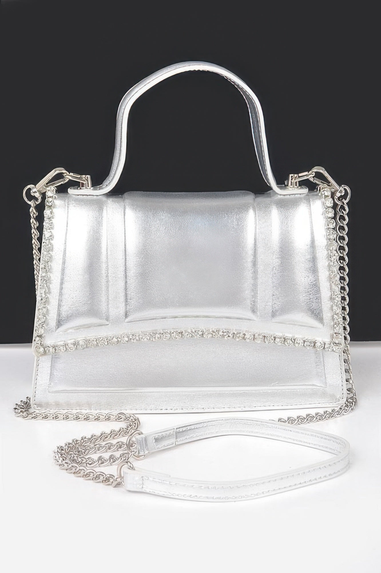Faux Metallic Leather Top Handle Bag/w Stones