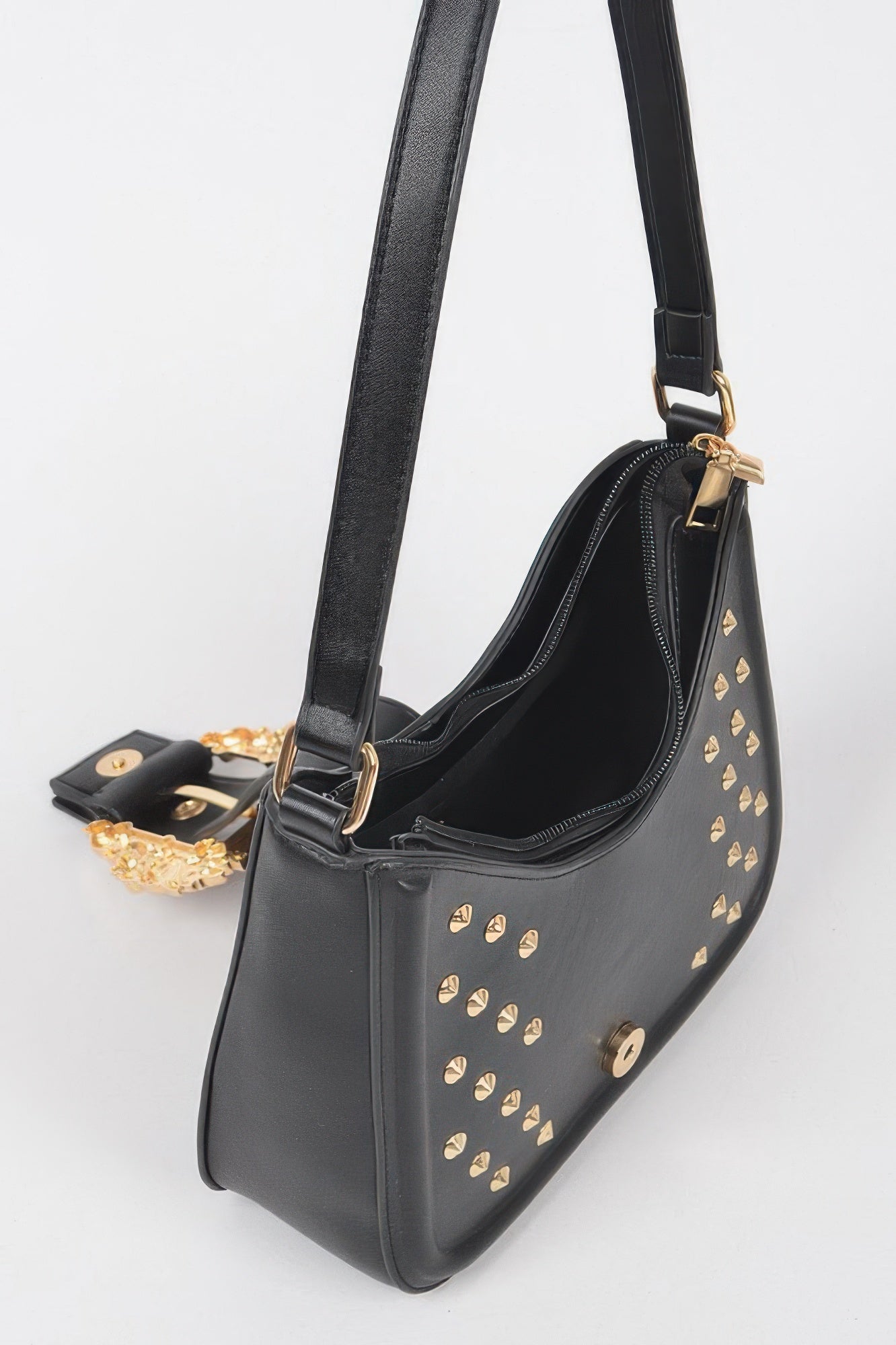 Faux Leather Studded Metal Buckle Shoulder Bag