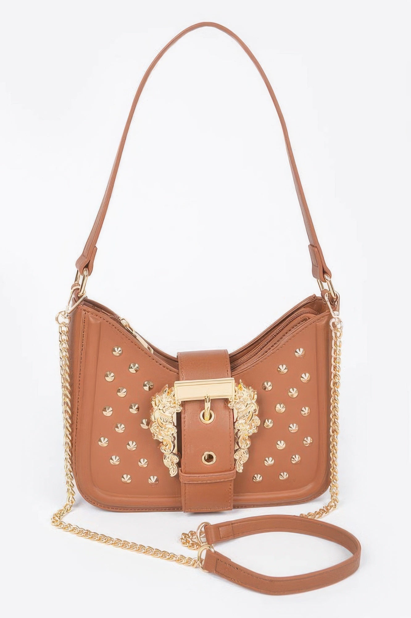 Faux Leather Studded Metal Buckle Shoulder Bag
