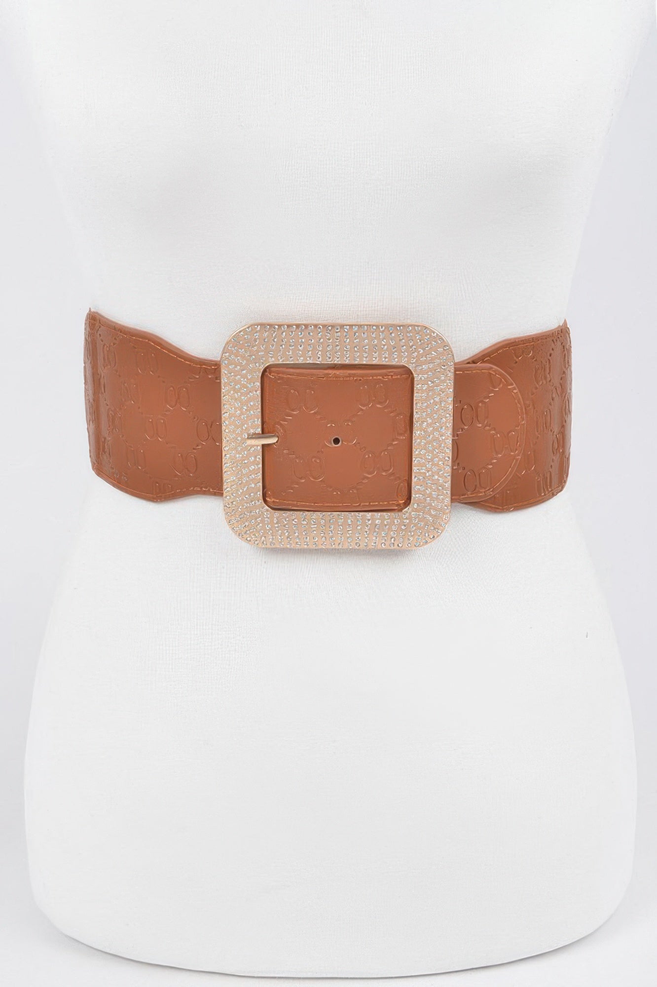 Big Rhinestone Buckle Embossed Elastic Belt