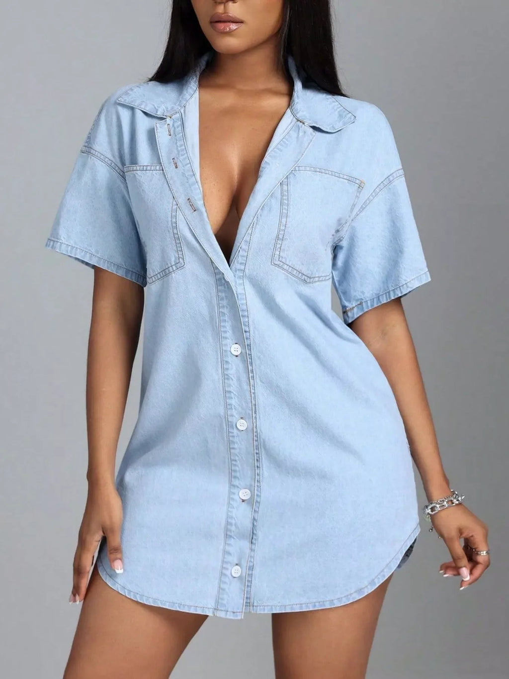 Light Wash Denim Button-Down Mini Shirt Dress with Pockets