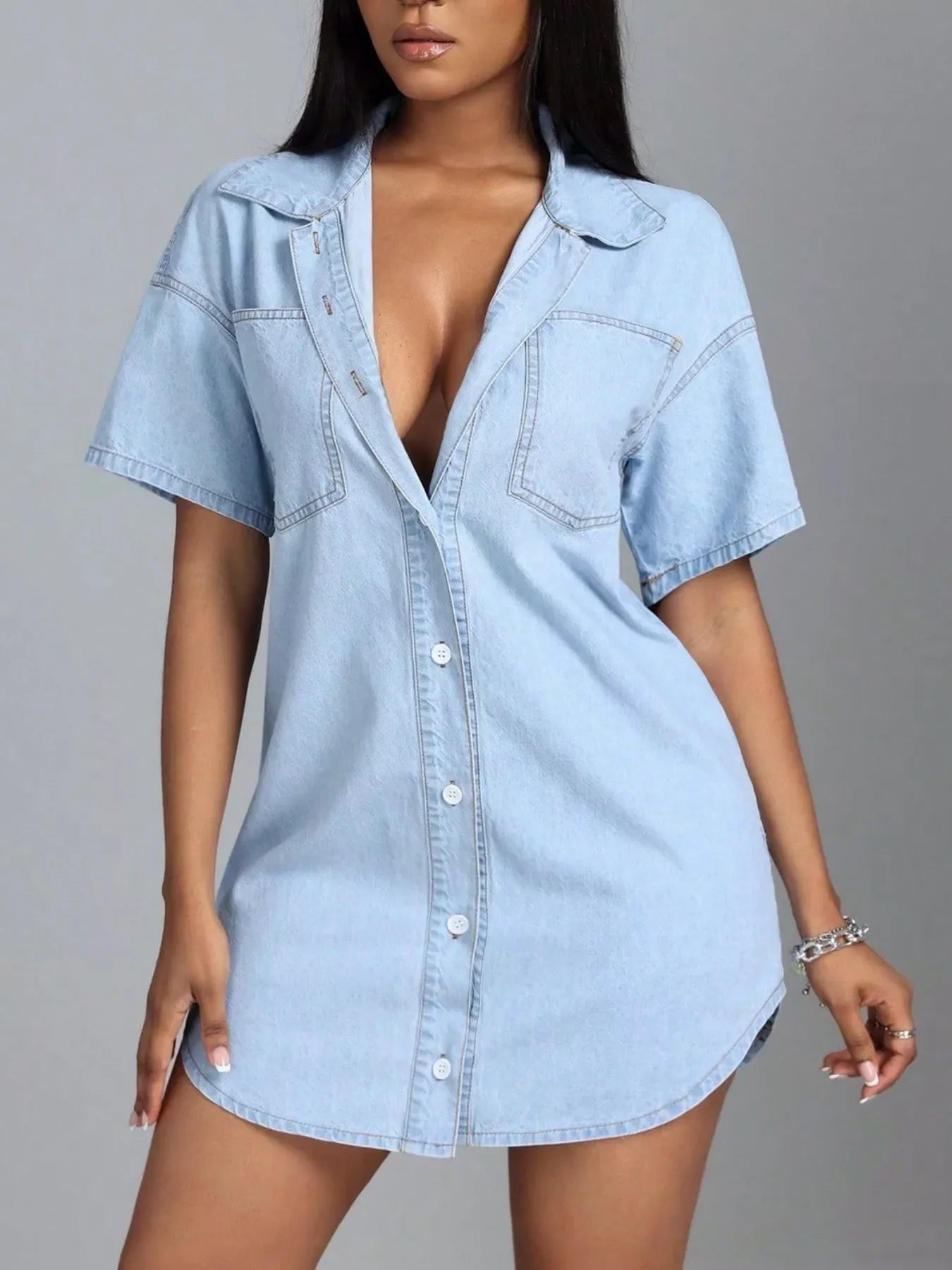 Light Wash Denim Button-Down Mini Shirt Dress with Pockets