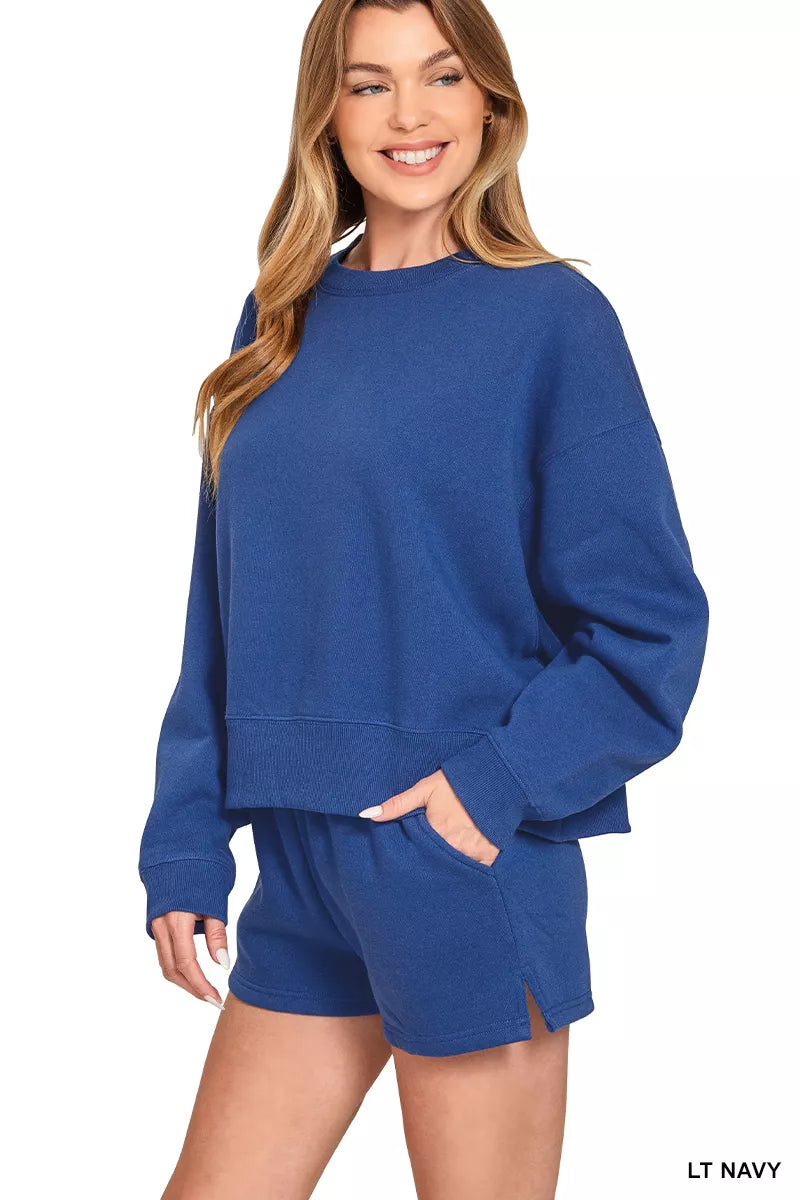 Zenana Fleece Sweatshirt Shorts Set Navy Blue