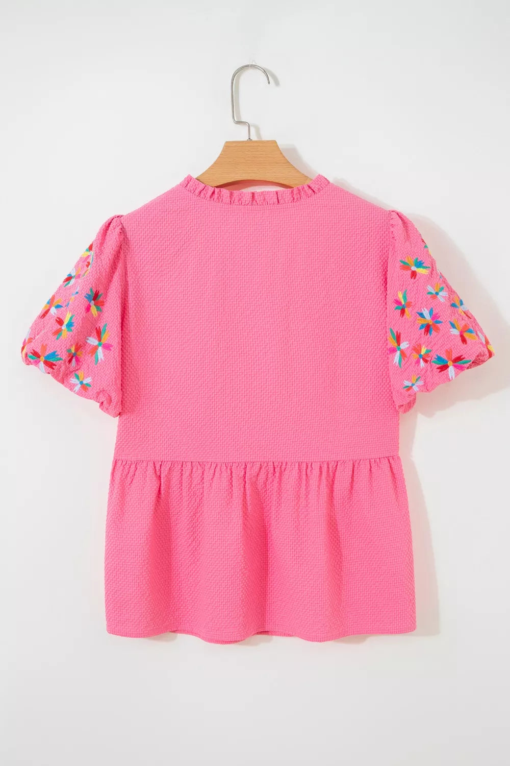 Pink V-Neck Embroidered Puff Sleeve Textured Blouse