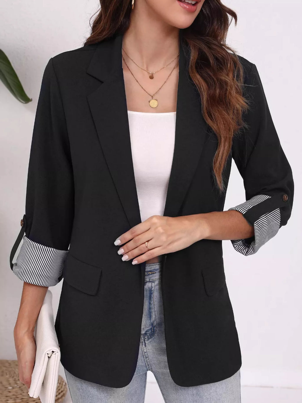 Women's Black Lapel Blazer with Striped Roll-Up Sleeves