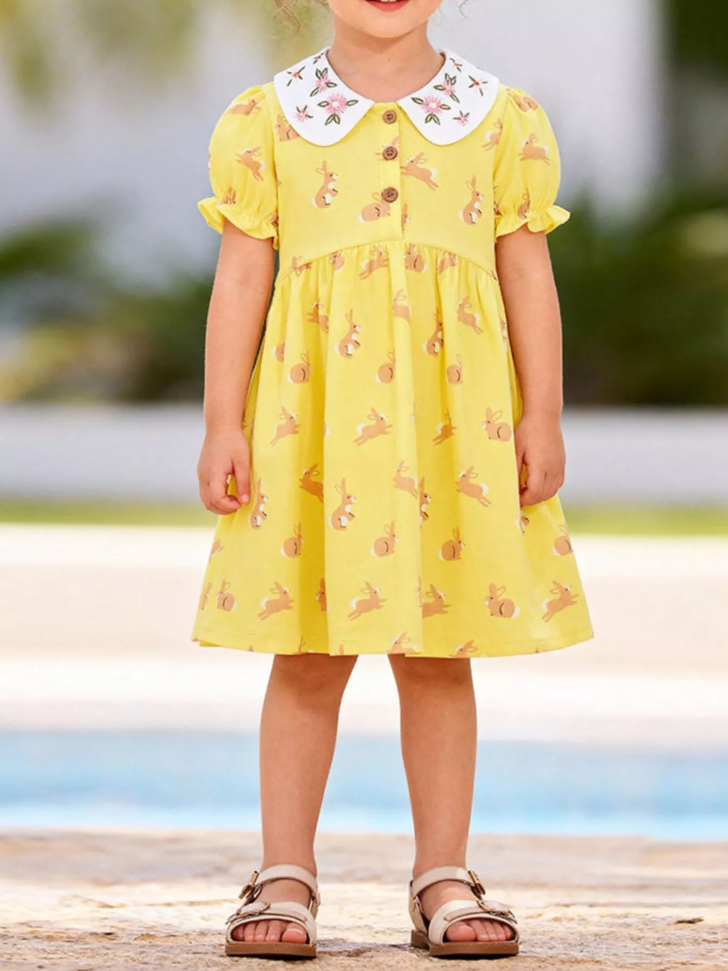 Yellow Bunny Print Peter Pan Collar Cotton Dress for Girls