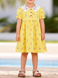 Yellow Bunny Print Peter Pan Collar Cotton Dress for Girls