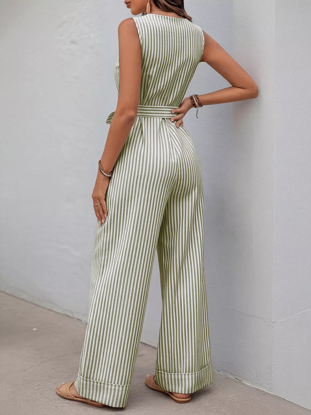 Striped V-Neck Wide Leg Jumpsuit with Tie Waist and Pockets