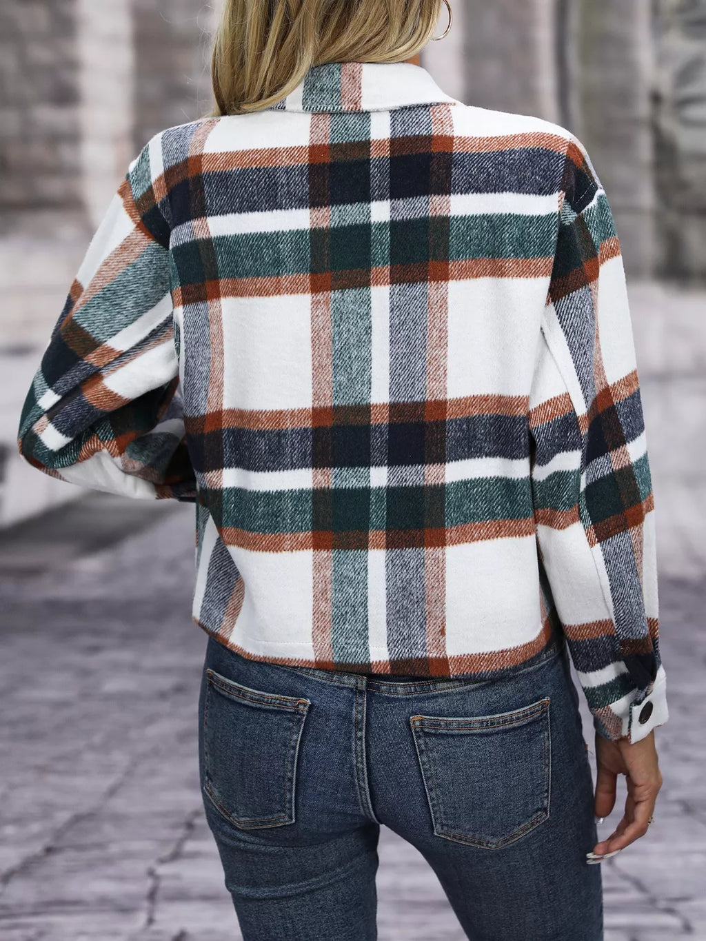 Women's Plaid Button-Up Shacket Casual Long Sleeve Jacket