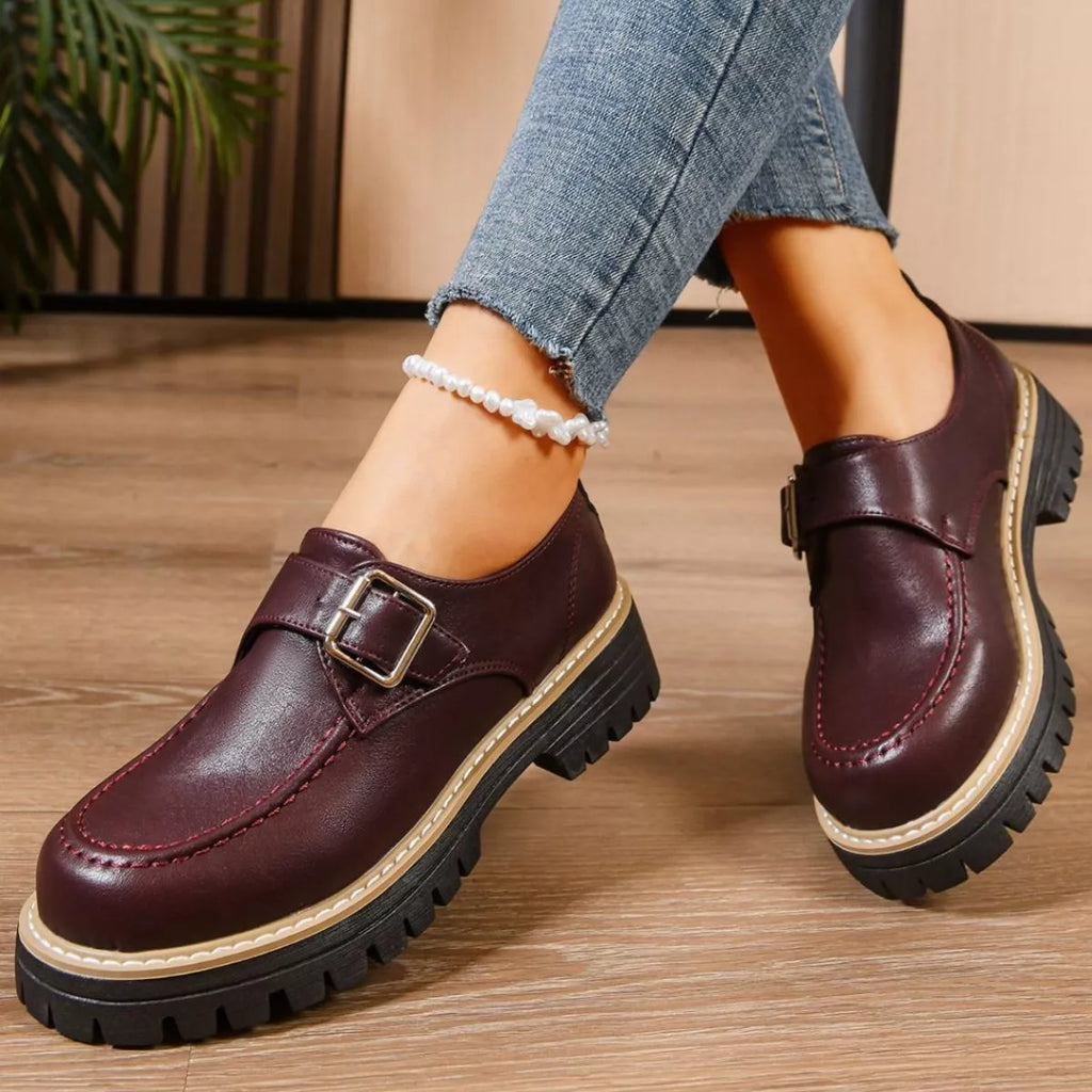 Women's Burgundy Round Toe Buckle Loafers Mid Heel Casual Shoes