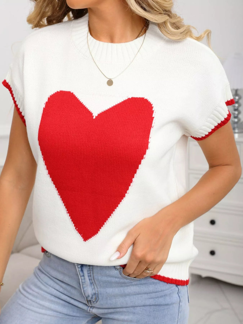 White Short Sleeve Knit Sweater with Red Heart Graphic