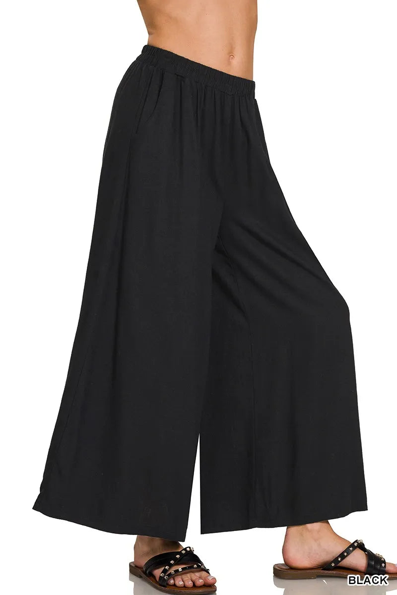 Woven Pleated Linen Blend Wide Leg Pants with Drawstring Waist