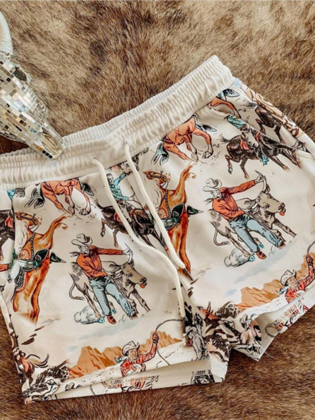 Wild West Rodeo Print Drawstring Shorts in Cream