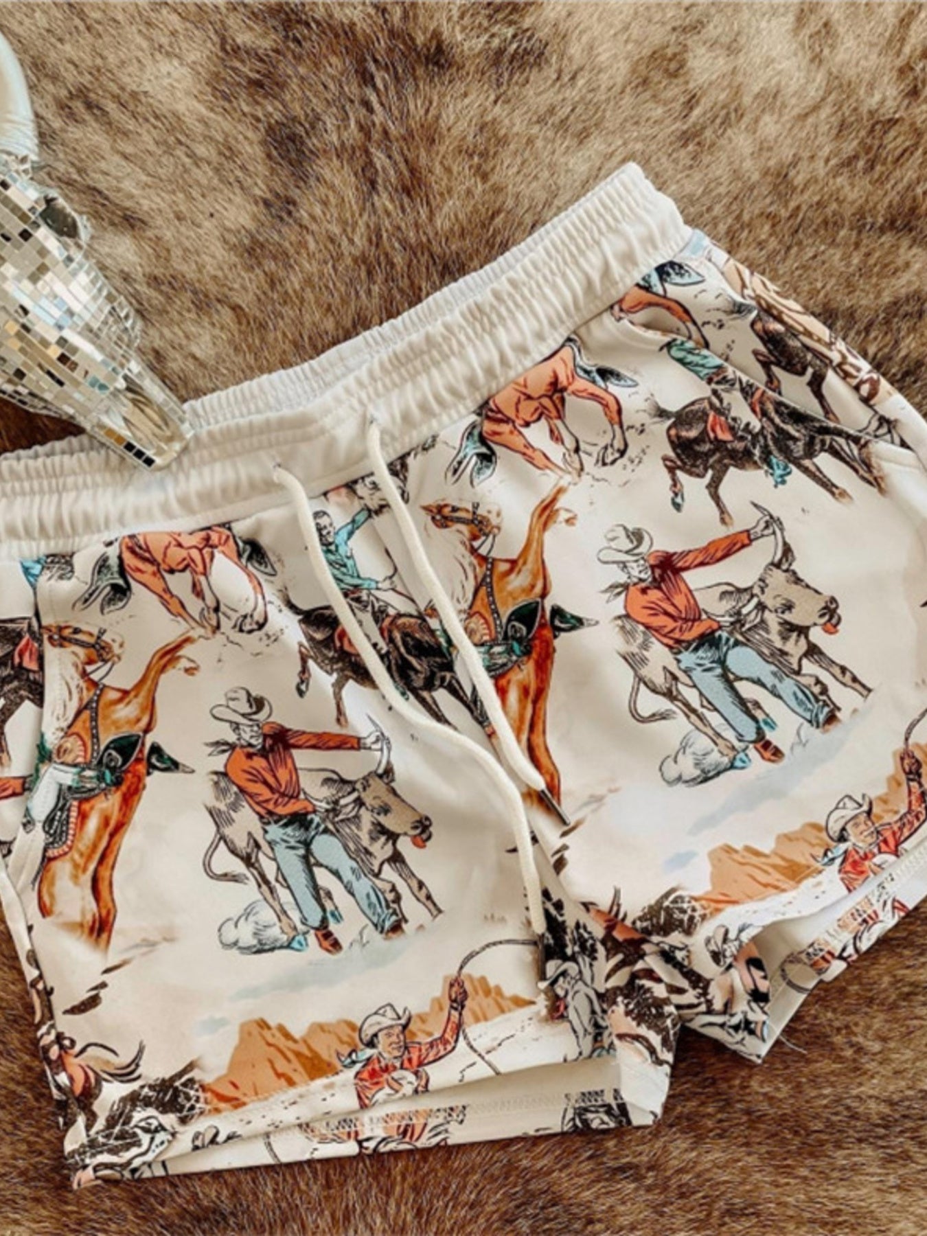 Wild West Rodeo Print Drawstring Shorts in Cream
