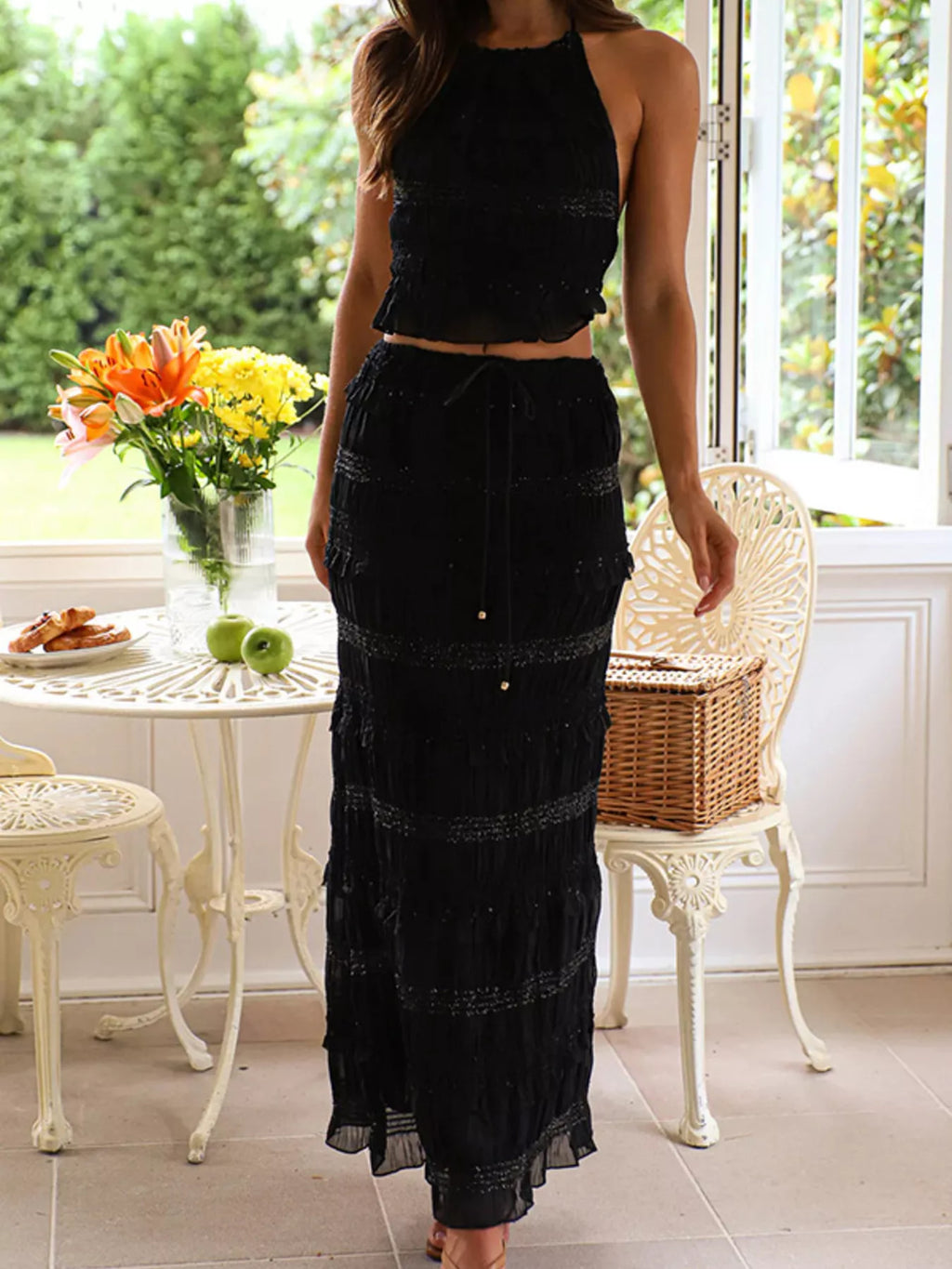 Smocked Sleeveless Halter Top and Maxi Skirt Matching Set