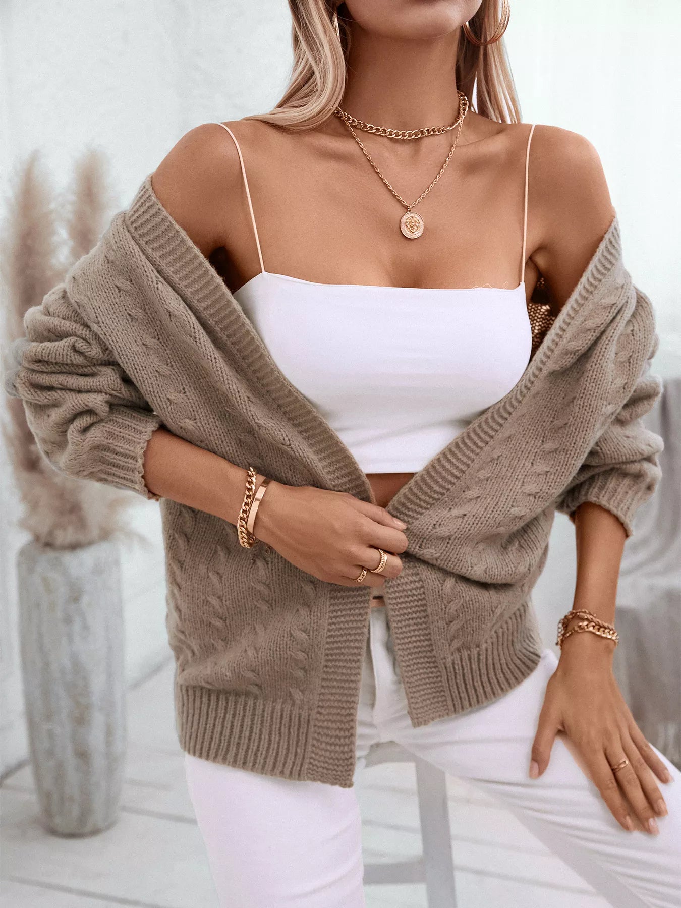 Women's Beige Cable Knit Open Front Cardigan with Hood