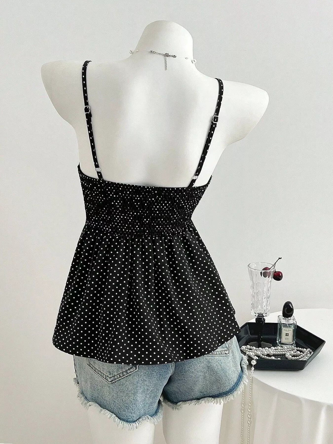 Black Polka Dot V-Neck Peplum Cami Tank Top