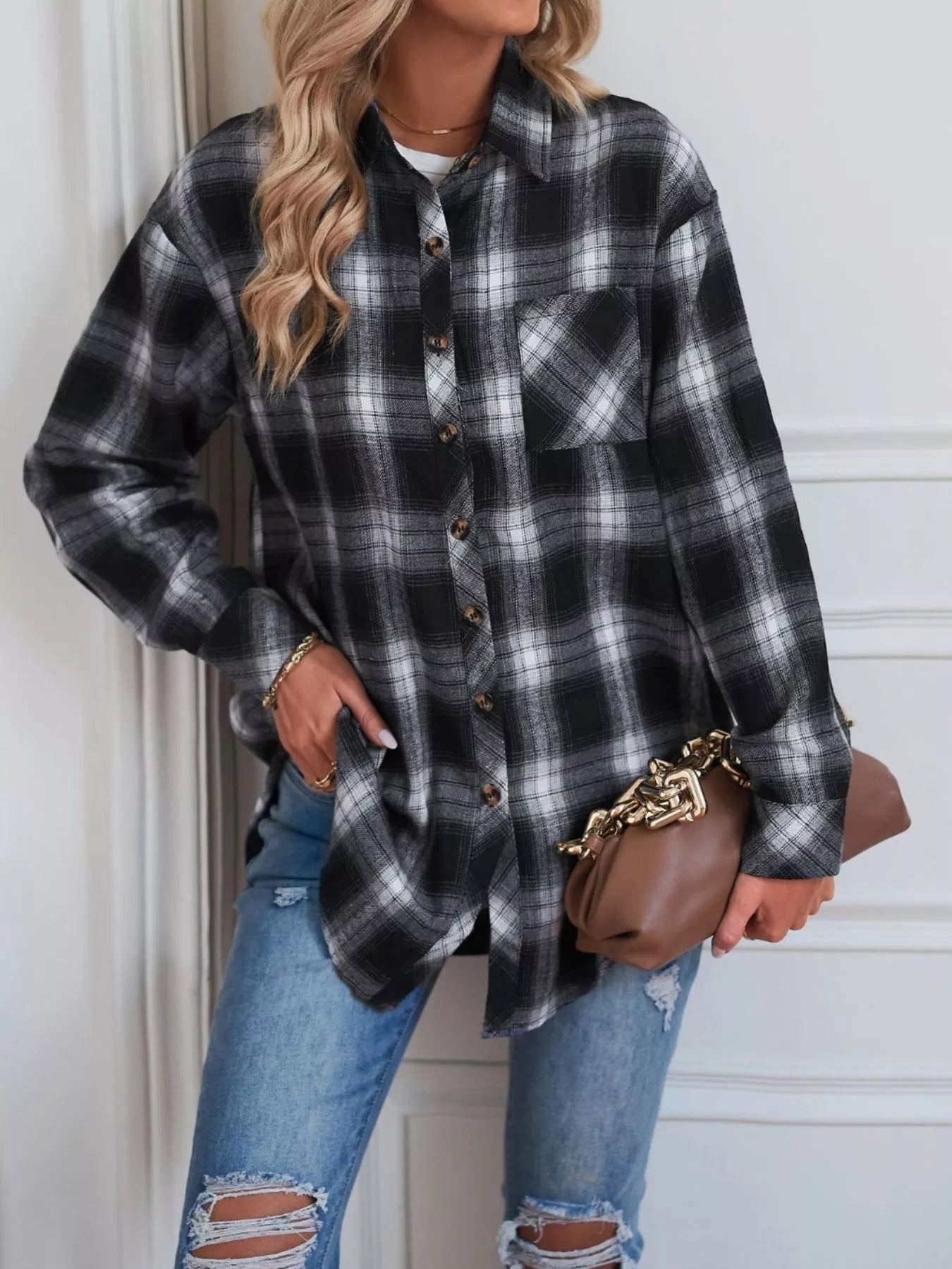Women's Black and White Plaid Button Up Long Sleeve Shirt
