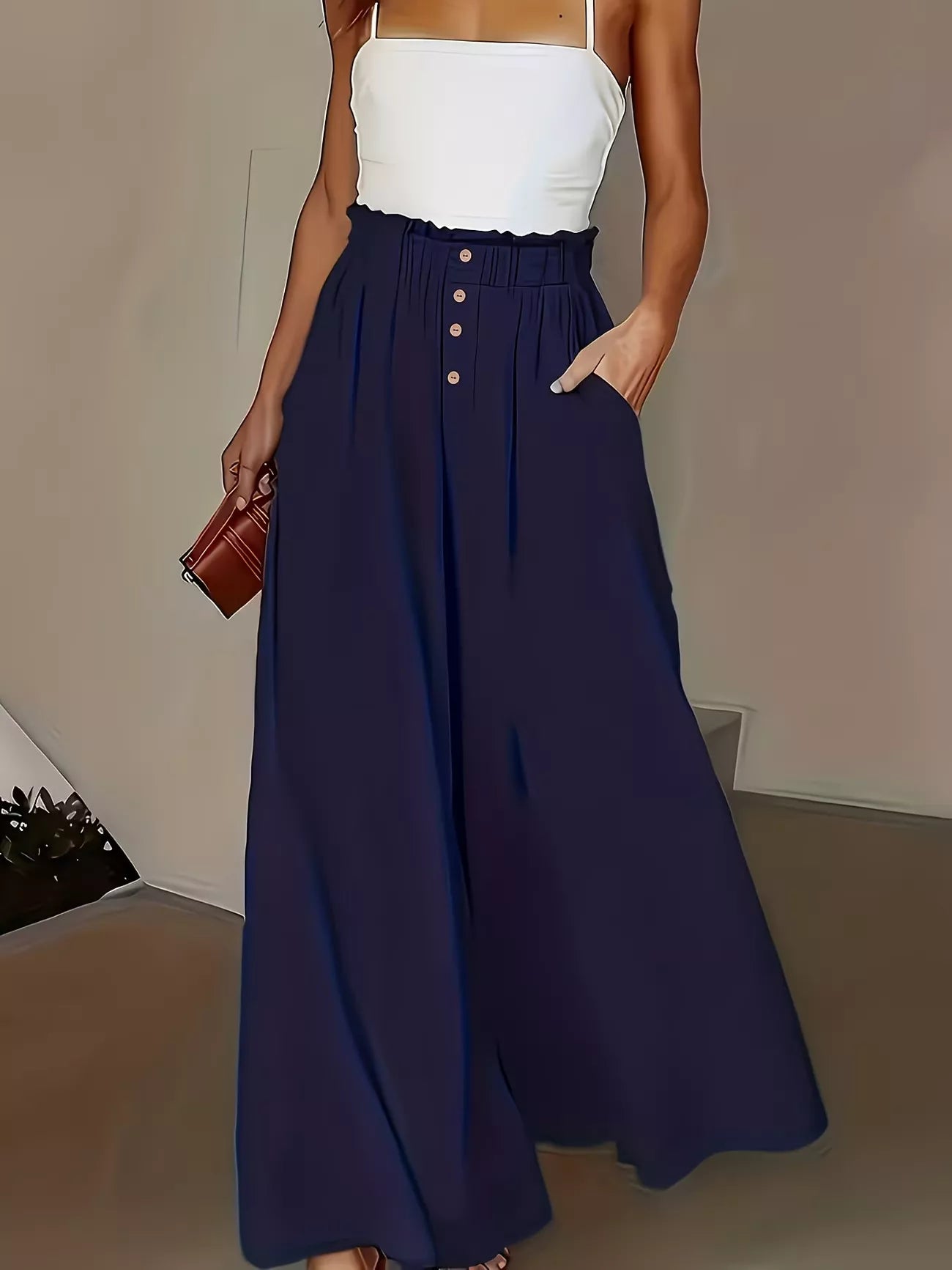 Beige High-Waisted Wide-Leg Pants with Button Detail