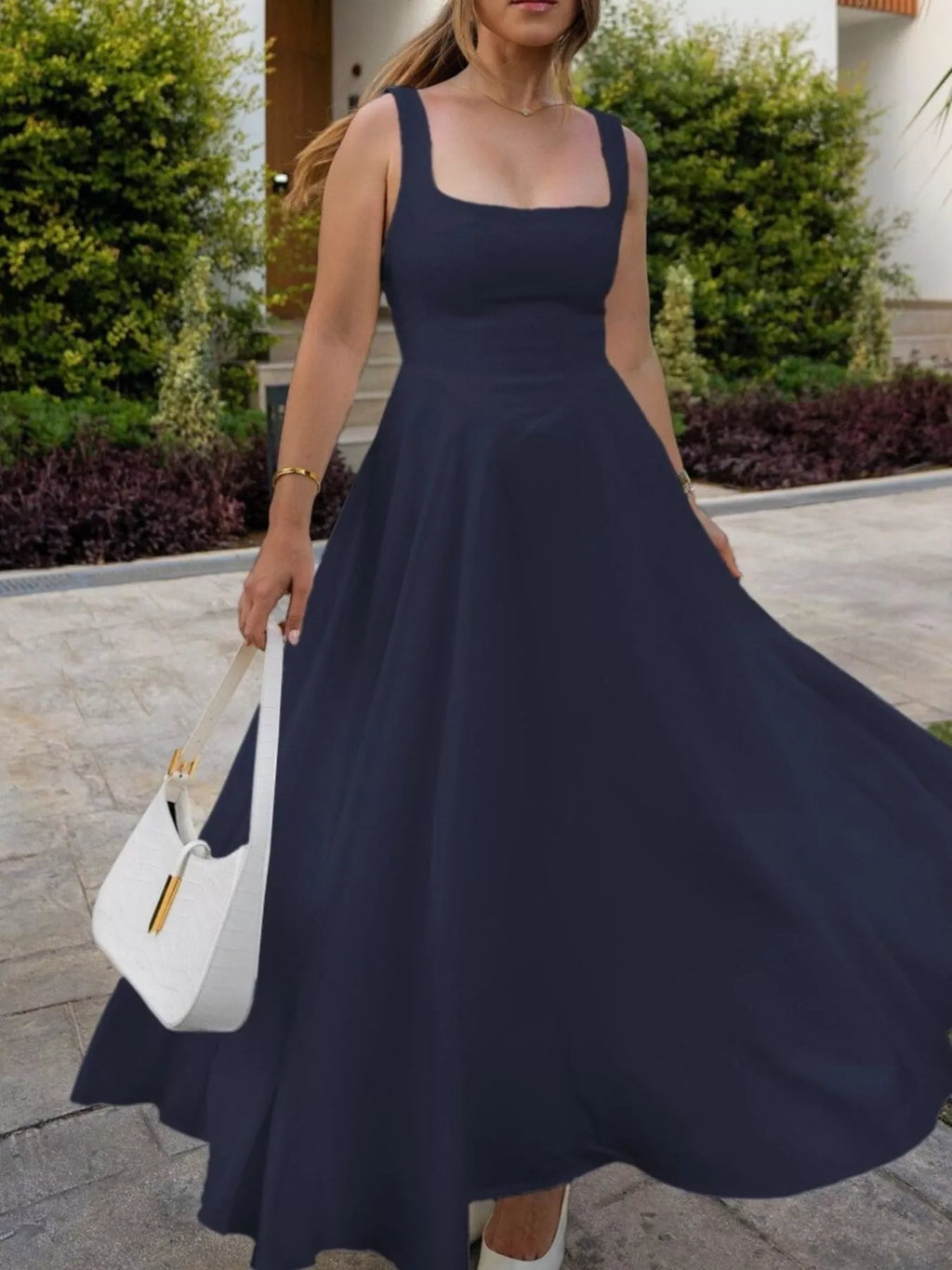 White Square Neck Wide Strap A-Line Midi Dress