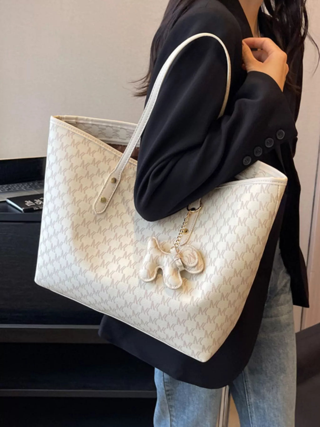 Beige Patterned Large Capacity Tote Bag PU Leather Shoulder Bag