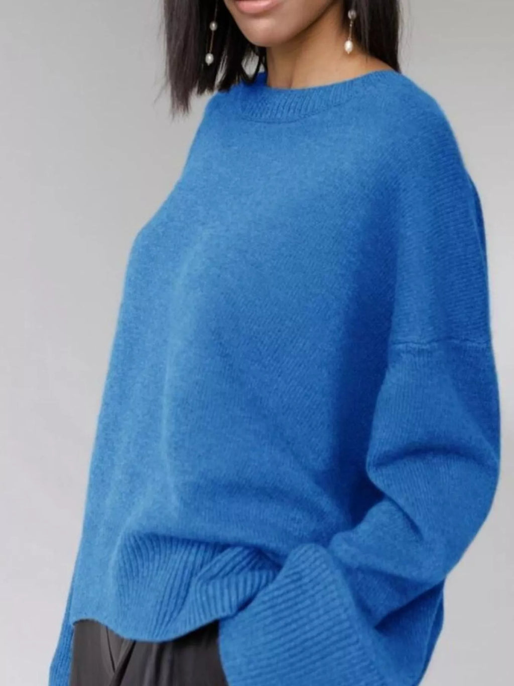 Women's Royal Blue Round Neck Ribbed Hem Long Sleeve Sweater