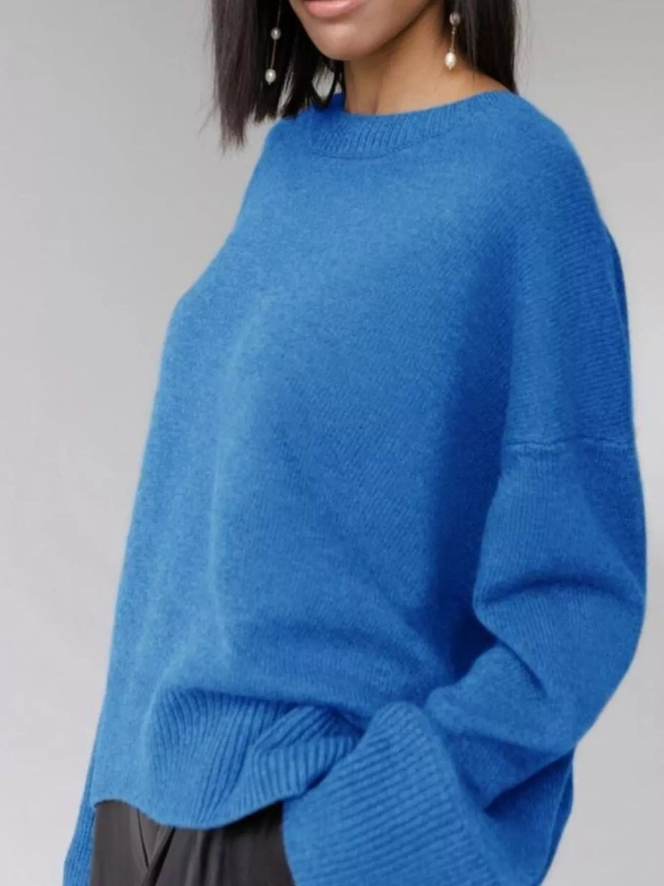 Women's Royal Blue Round Neck Ribbed Hem Long Sleeve Sweater
