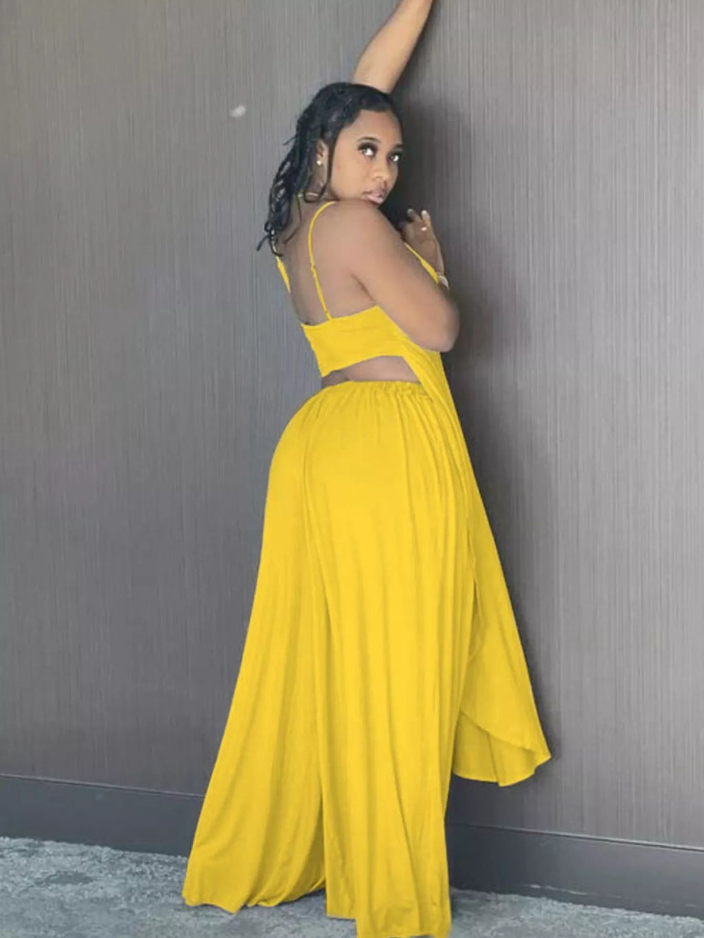 Yellow Asymmetrical Cami Top and Wide Leg Pants Set