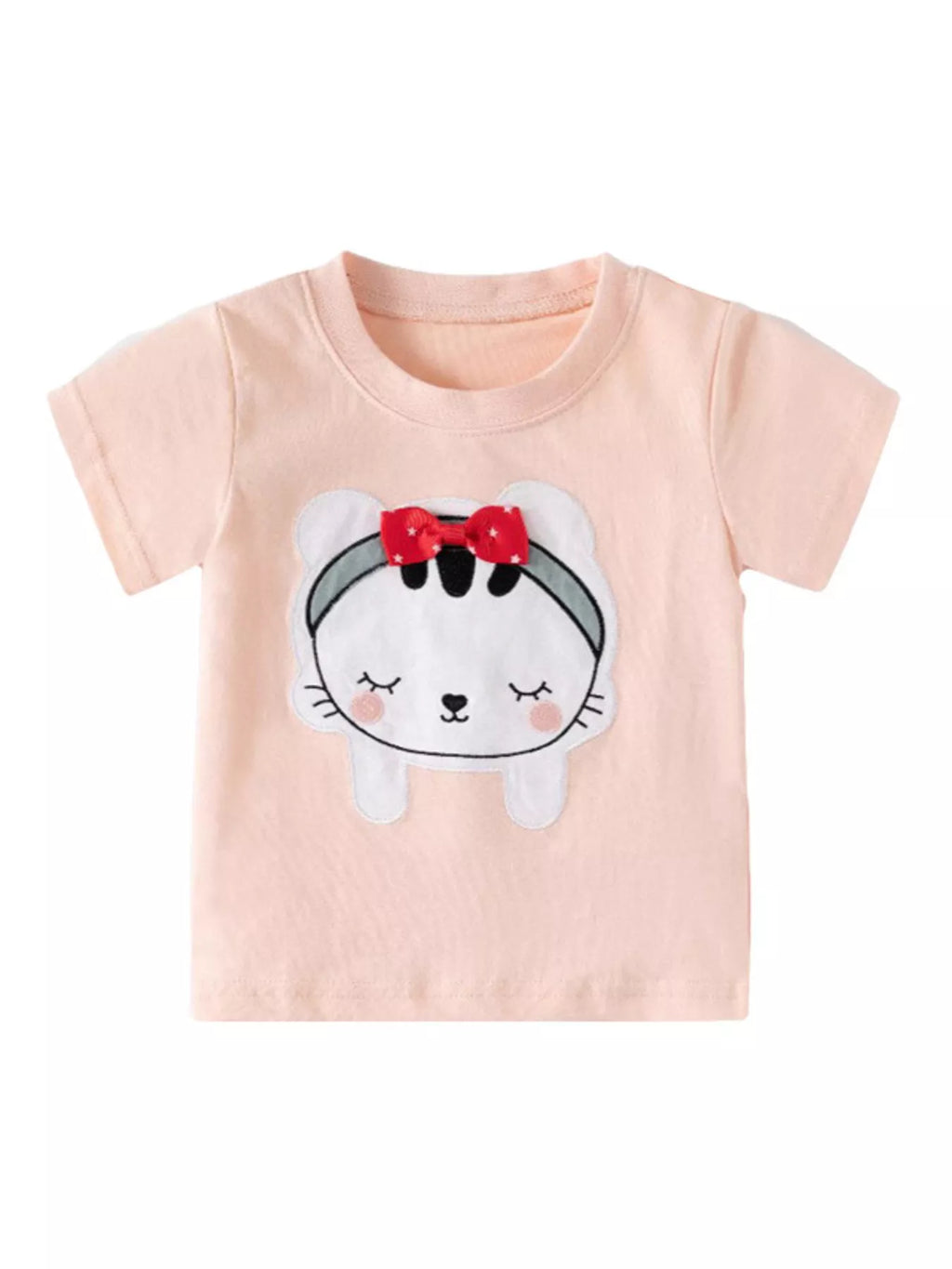 Girls Pink Cartoon Cat T-Shirt with Red Bow Graphic