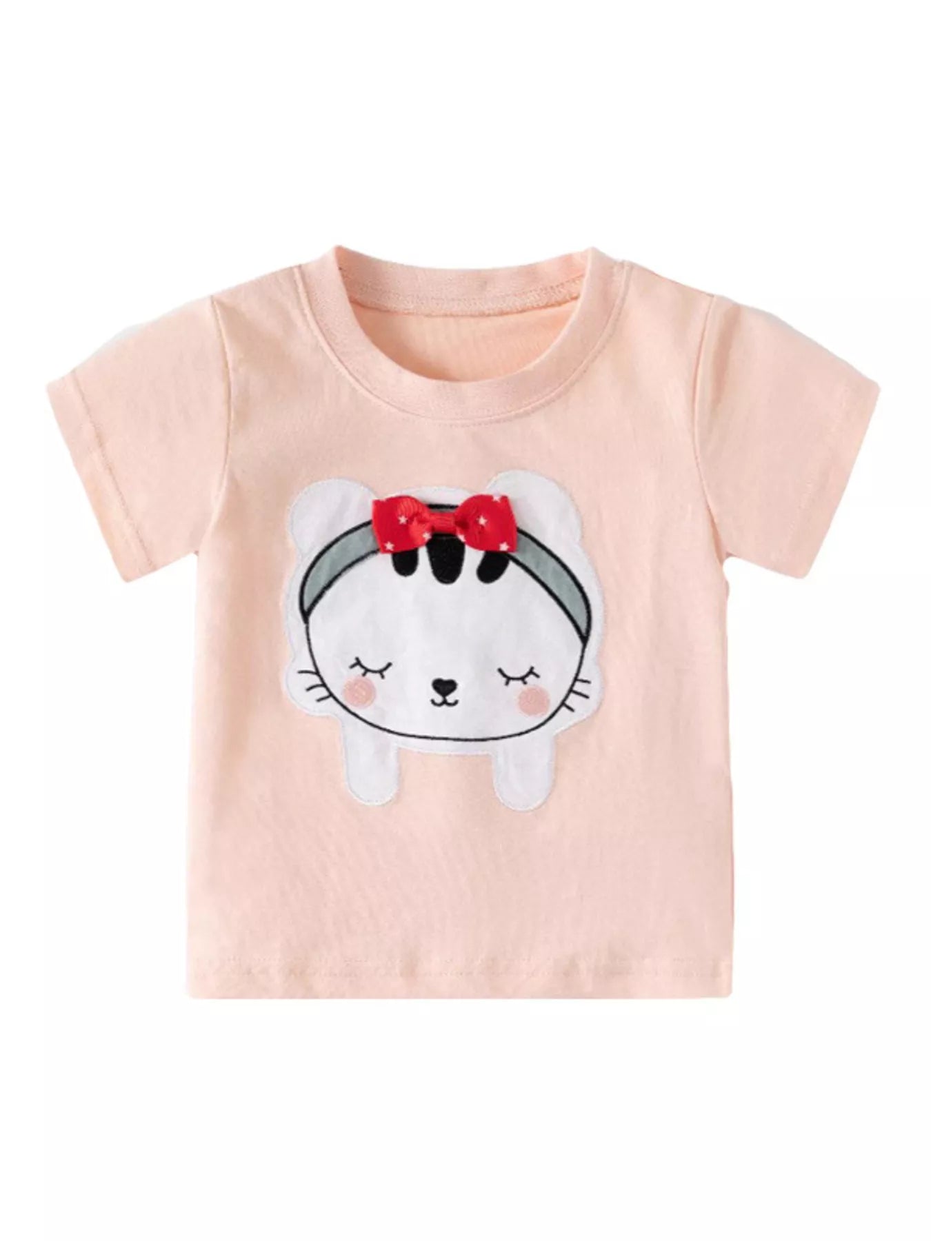 Girls Pink Cartoon Cat T-Shirt with Red Bow Graphic