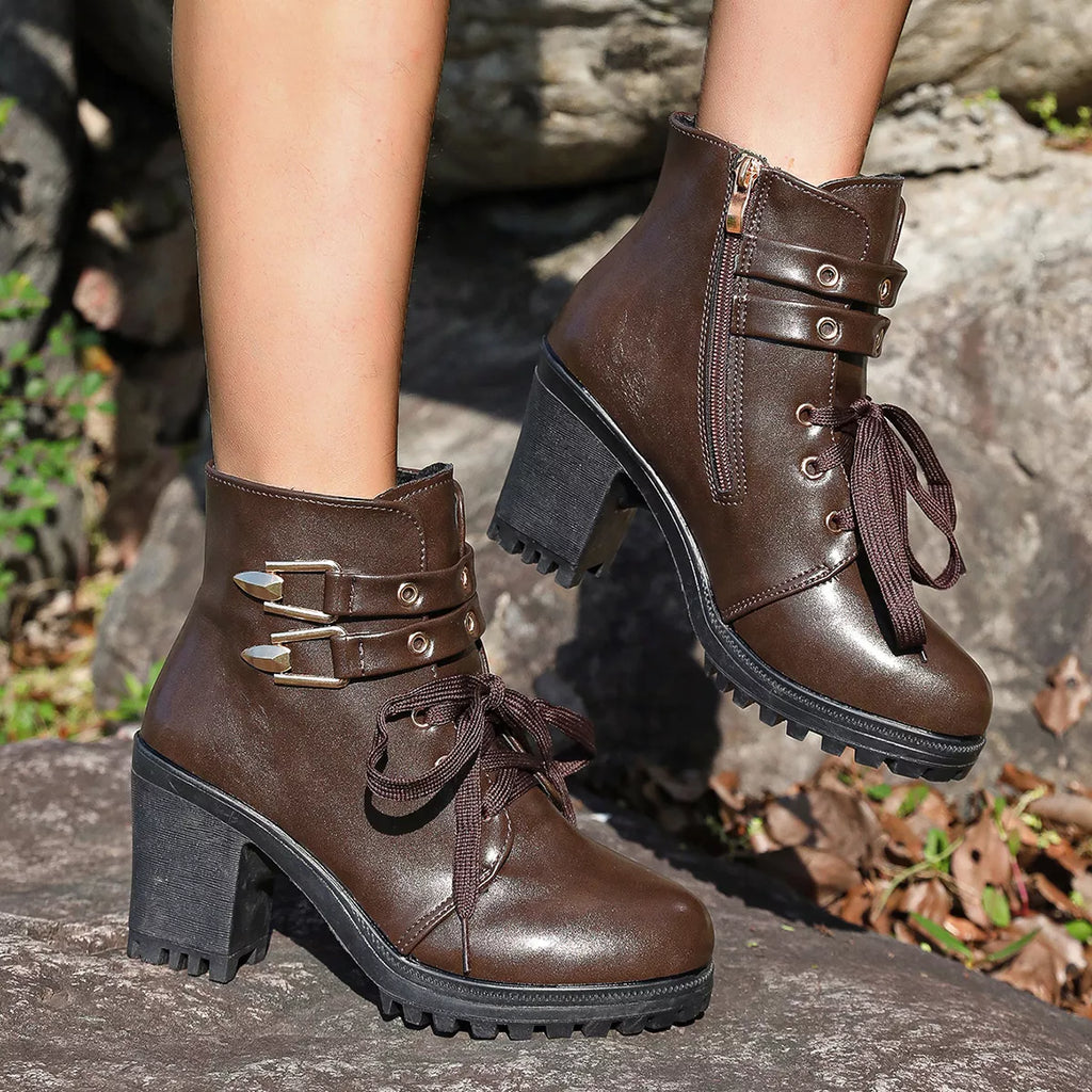 Women's Lace Up Block Heel Boots in Brown Faux Leather