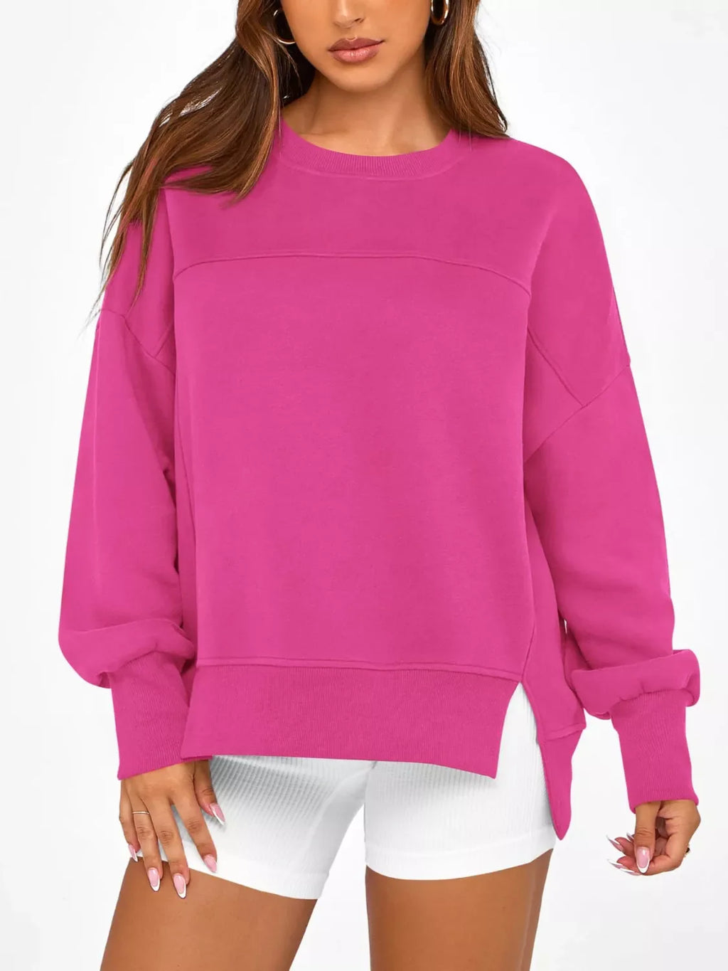 Women's Blue Side Slit Pullover Sweatshirt Long Sleeve Top