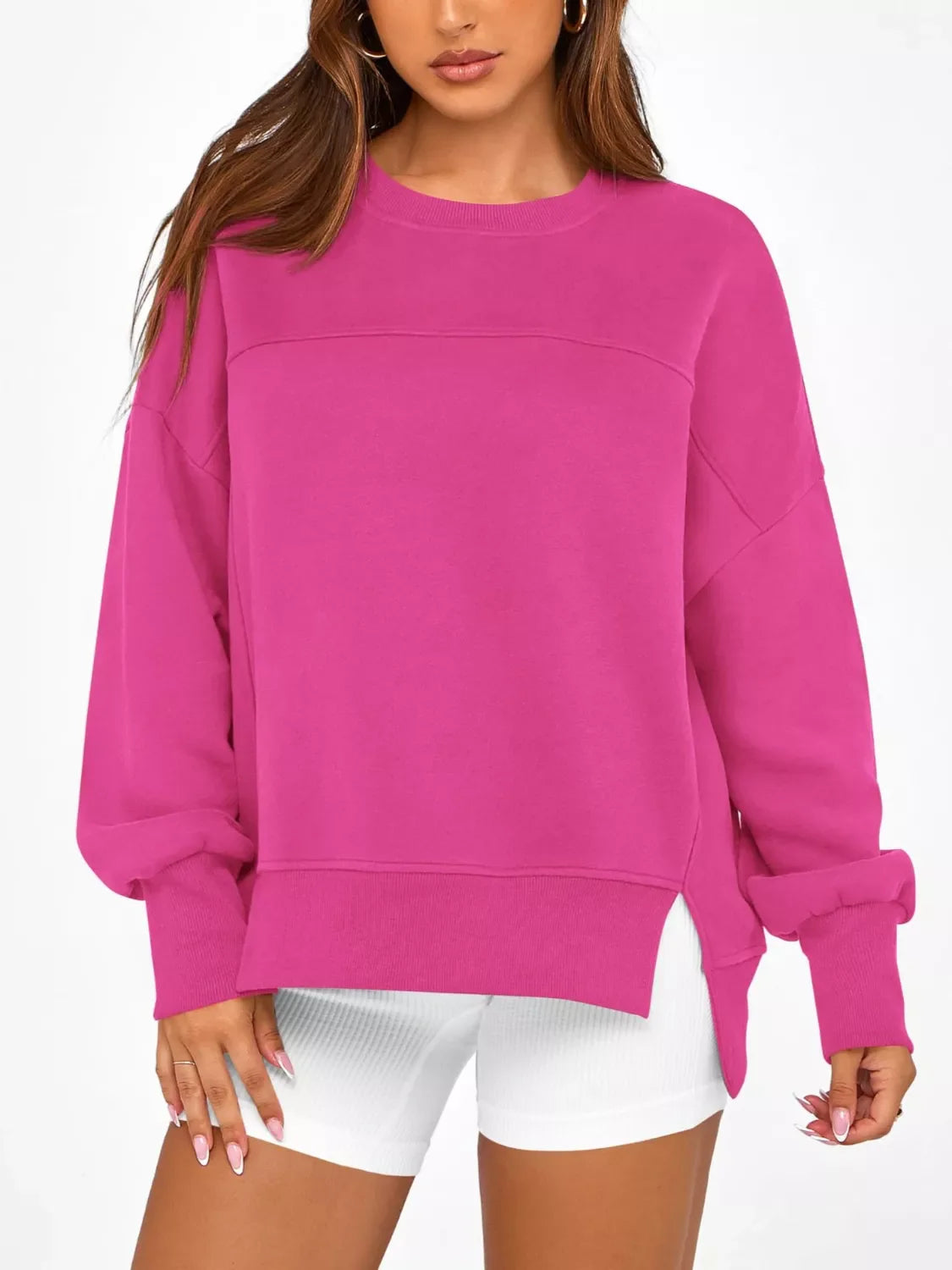 Women's Blue Side Slit Pullover Sweatshirt Long Sleeve Top