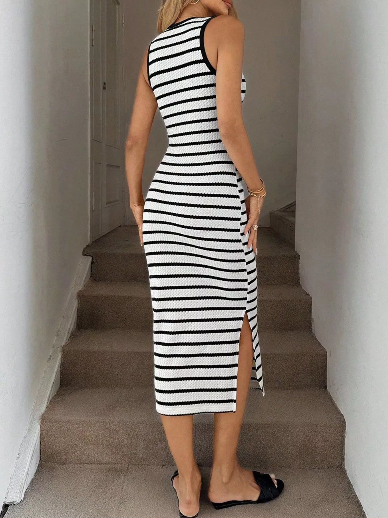 Sleeveless Striped Midi Dress with Side Slit Black and White