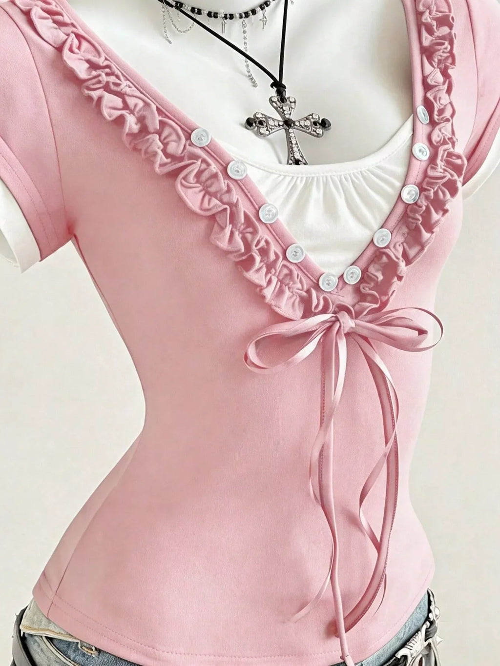 Pink Frill Trim Bow Detail Cap Sleeve Slim Fit T-Shirt