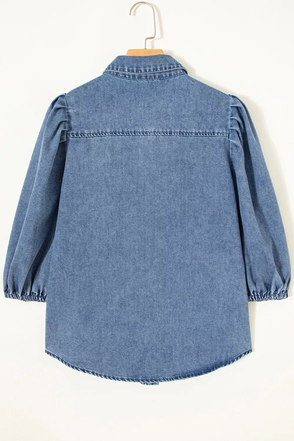 Blue Denim Puff Sleeve Shirt with Collared Button Down Front
