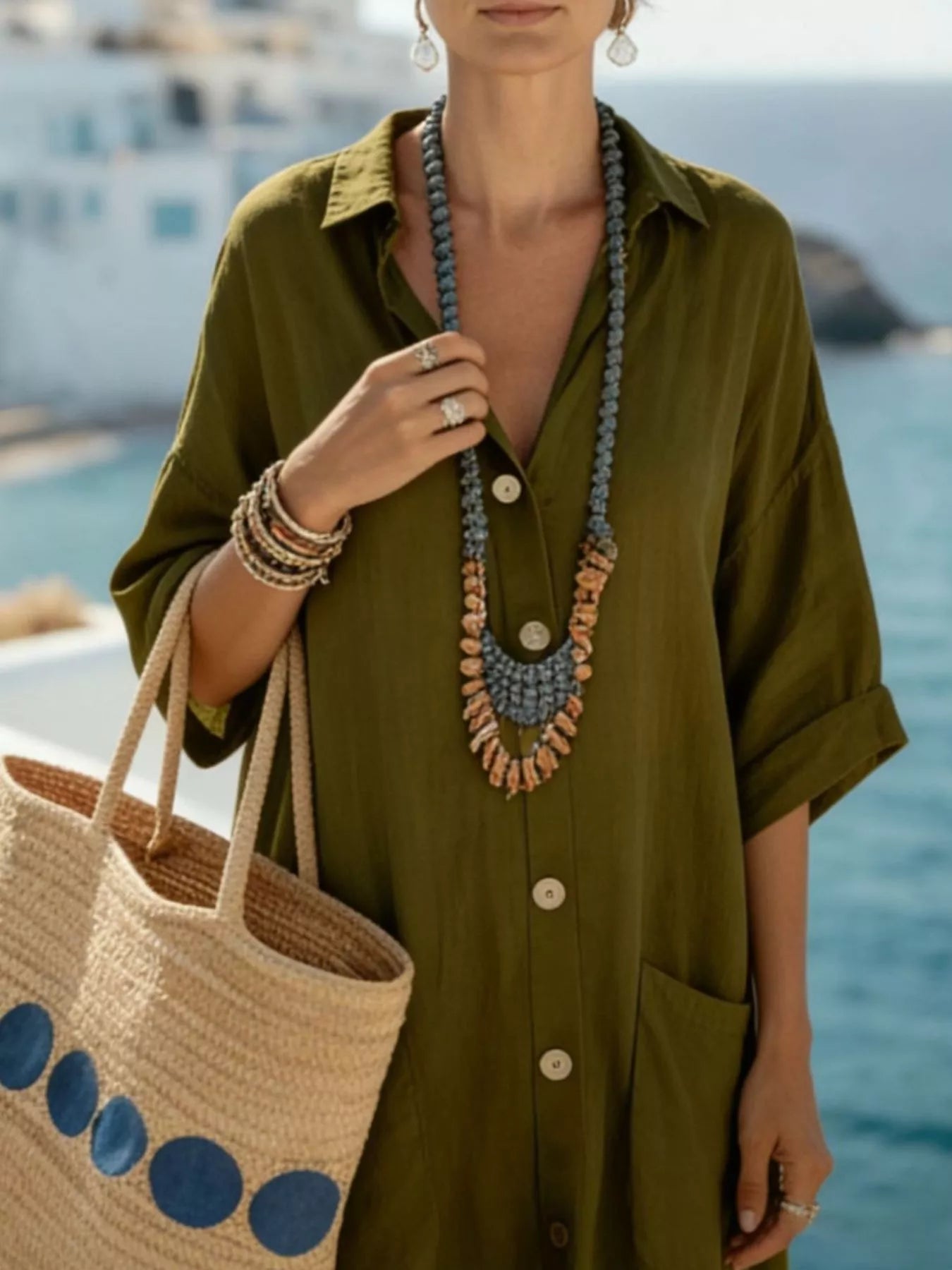 Olive Green Button Front Maxi Dress with Pocket Details