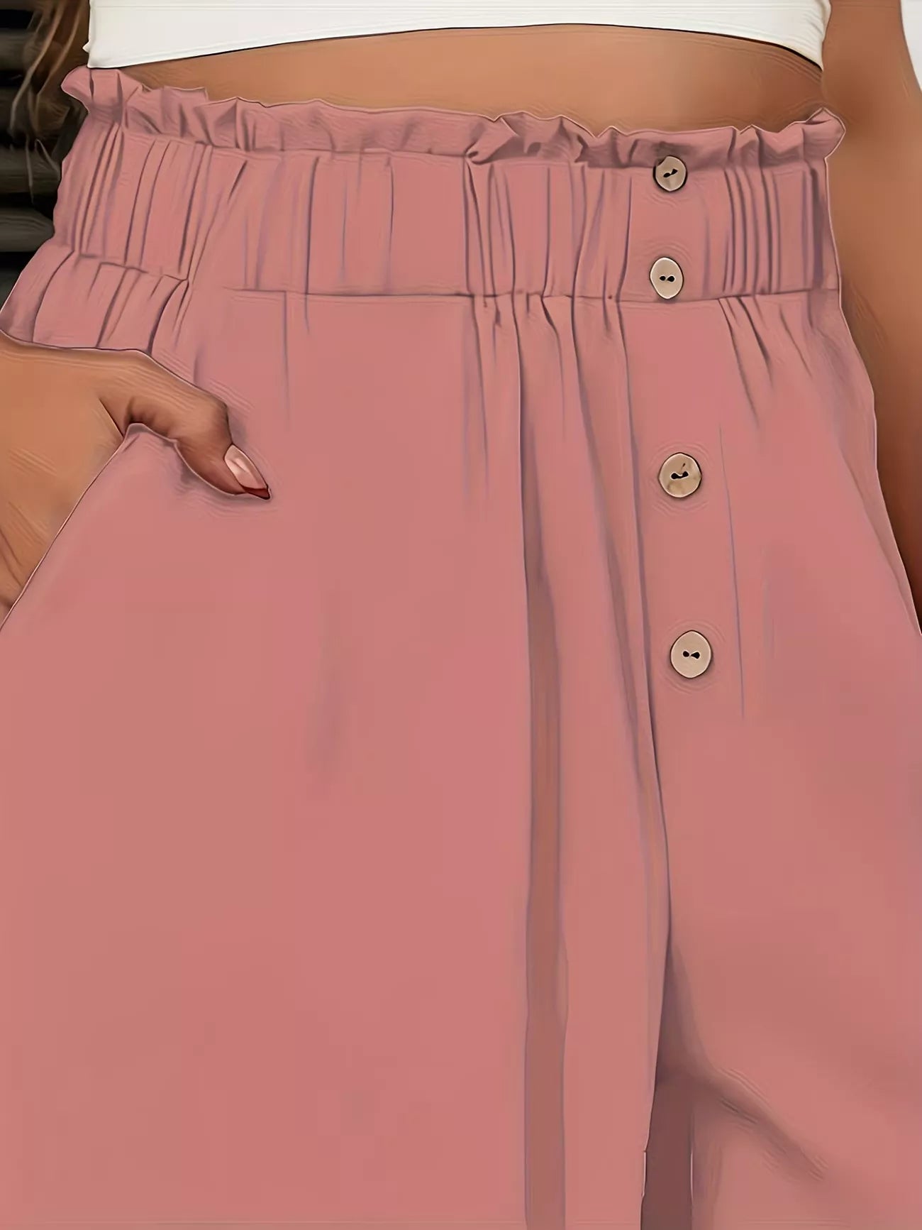 Beige High-Waisted Wide-Leg Pants with Button Detail