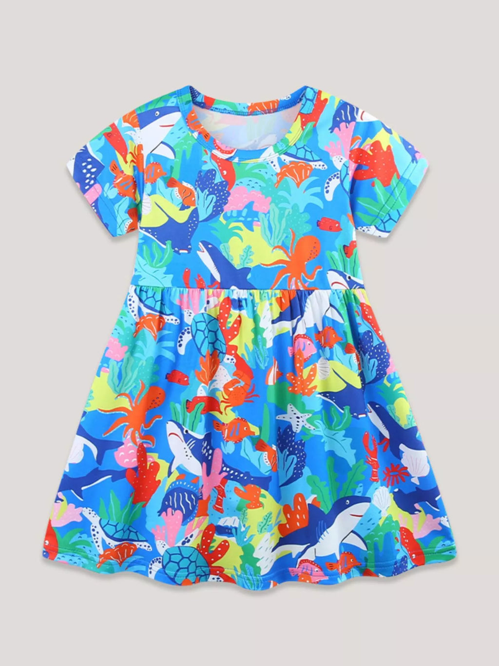 Girls Colorful Ocean Sea Life Print Round Neck Casual Dress